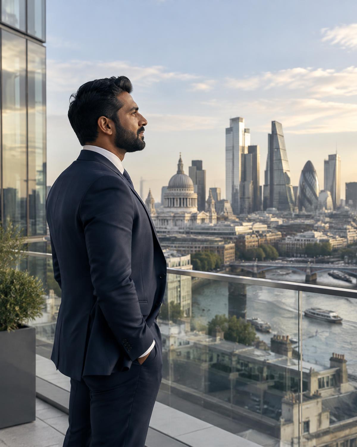 International technology professional overlooking the London skyline